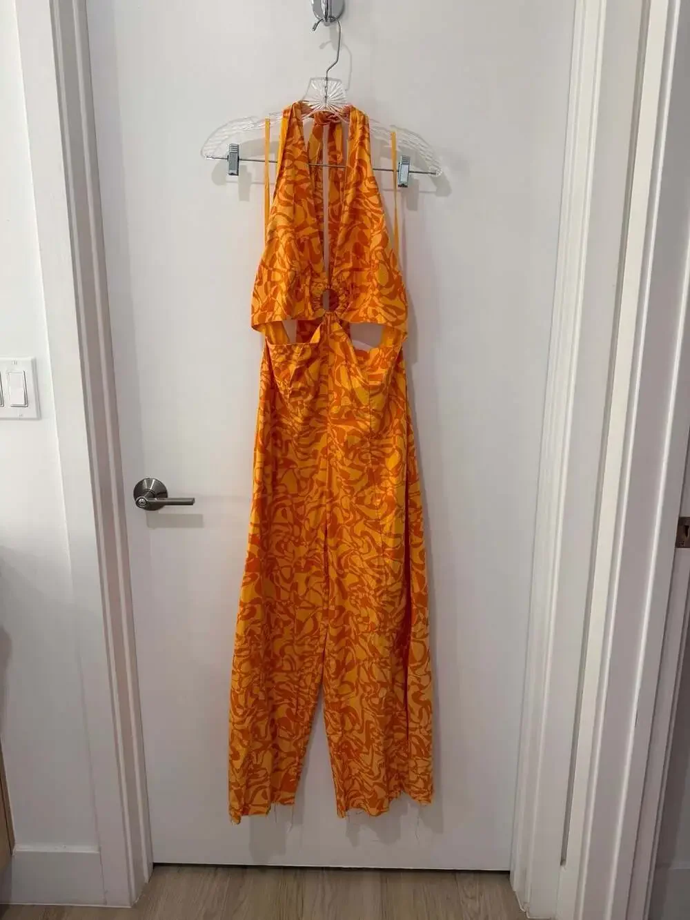 Free People Kira Orange Printed O-Ring Wide Leg Halter Jumpsuit
